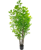 La Palmera Cola de Pez Artificial 210 cm es una planta artificial alta en maceta con múltiples tallos marrones y exuberantes hojas verdes, presentada en una pequeña maceta negra sobre un fondo blanco.