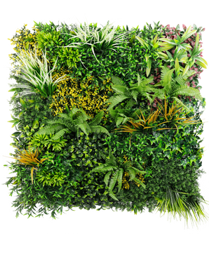 El seto artificial Sherry 100x100 cm UV es un vibrante panel de jardín vertical que presenta una variedad de exuberantes plantas verdes con follaje texturizado en tonos verdes, amarillos y rojos, todo sobre un fondo blanco nítido.