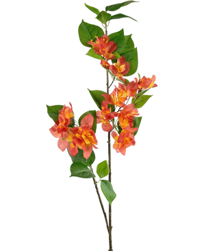 La rama artificial Bougainvillea melocotón de 81 cm tiene un solo tallo con racimos de flores de color melocotón, naranja y amarillo, complementados con hojas verdes, sobre un fondo blanco.
