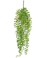 La planta colgante artificial Pumila de 89 cm tiene pequeñas hojas ovaladas de color verde sobre varios tallos colgantes sobre un fondo blanco liso.