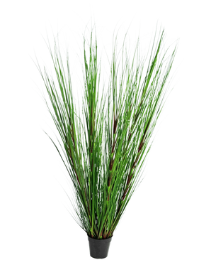 La Planta de Césped Artificial Cebolla ignífuga de 150 cm tiene hojas largas, delgadas y verticales, parecidas a la hierba, de color verde, y tallos largos, sobre un fondo blanco liso.
