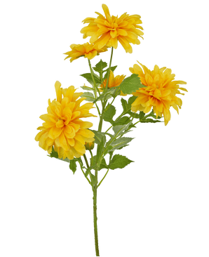 Una sola flor artificial Dalia de color naranja con tallo de 60 cm y hojas verdes sobre un fondo blanco.