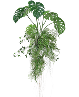 La planta artificial colgante Monstera/Fern Ball 100 cm XL presenta exuberantes hojas de monstera verdes y helechos con largos zarcillos y raíces, perfectos para añadir vegetación a cualquier espacio sobre un fondo blanco.