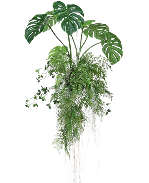 La planta artificial colgante Monstera/Fern Ball 100 cm XL presenta exuberantes hojas de monstera verdes y helechos con largos zarcillos y raíces, perfectos para añadir vegetación a cualquier espacio sobre un fondo blanco.