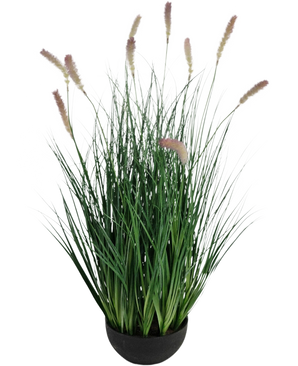 El bonsái de hierba de cebolla de oruga de césped artificial es una planta de césped artificial ignífugo de 70 cm de altura con delgadas hojas verdes y espigas de flores de color marrón claro en una maceta redonda negra, perfecta para un interior elegante.