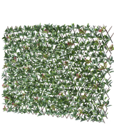 El Seto Artificial Photonia Extensible 200x100 cm es una valla extensible rectangular con hojas verdes artificiales y flores rosas, representadas sobre un fondo blanco.