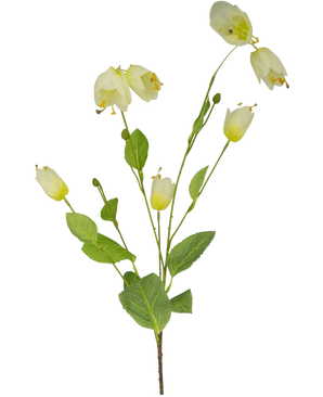 Una mariposa tipo fritillario de flores artificiales de 94 cm de tamaño con un único tallo verde, múltiples flores blancas en forma de campana y múltiples hojas verdes sobre un fondo blanco liso.