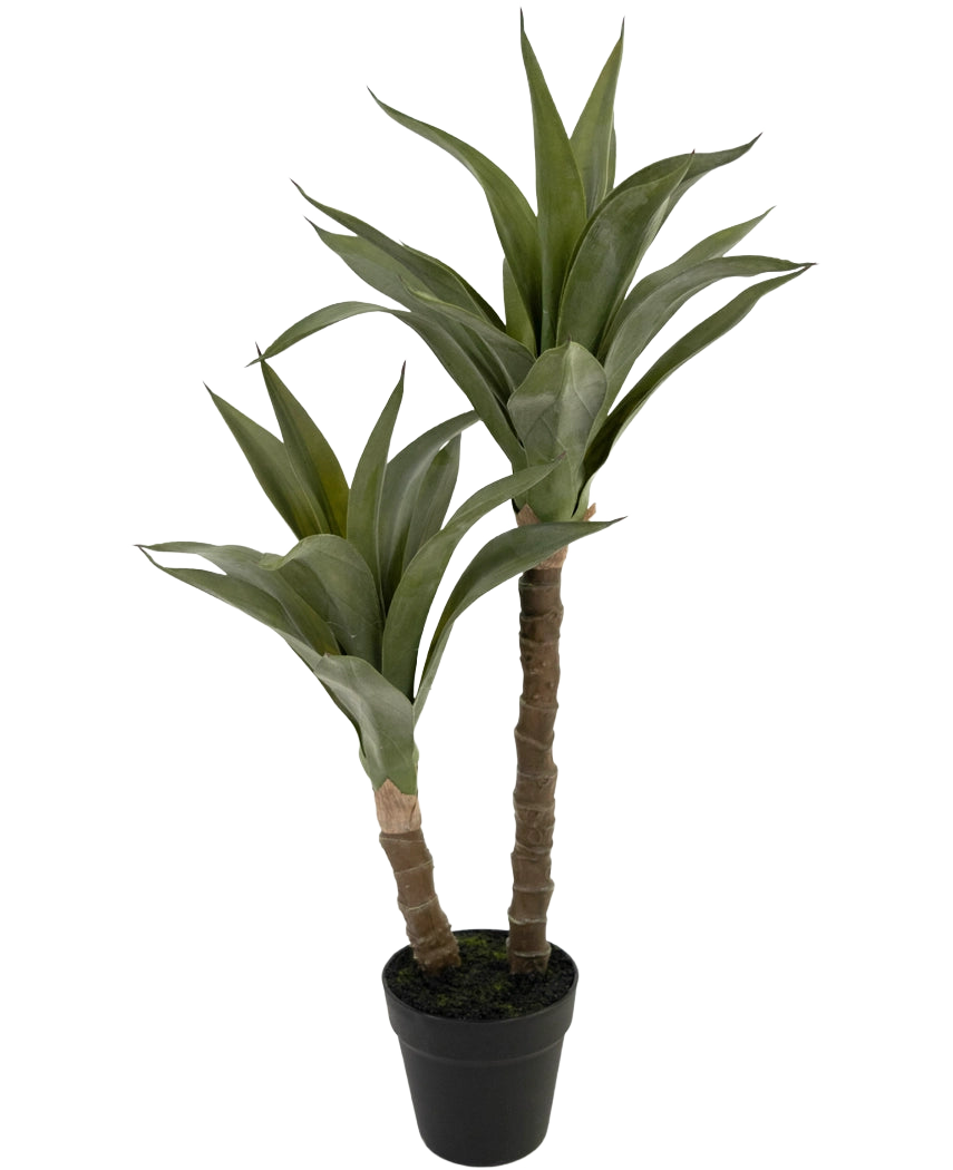 La Planta Artificial Agave 76 cm tiene dos tallos largos y gruesos con hojas verdes puntiagudas que recuerdan a un agave, presentada en una maceta de plástico negra sobre un fondo liso blanco.