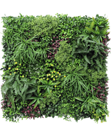 De Kunsthaag Wonderland 100x100 cm UV is een vierkant verticaal tuinpaneel met een dichte mix van groene planten, varens, bladranken en kleine struiken in verschillende texturen en tinten.