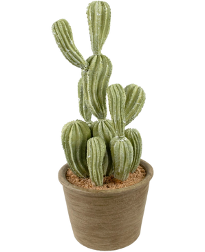 El Cactus Cereus artificial de 35 cm tiene tallos verdes, acanalados y verticales en una maceta con una estructura marrón y tierra de color marrón claro, sobre un fondo blanco liso.