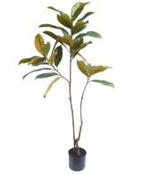 De Kunstplant Yulaniaboom 120 cm is een kunstplant in pot met twee dunne bruine stengels en meerdere groene en geelachtige bladeren, geïsoleerd afgebeeld op een witte achtergrond.