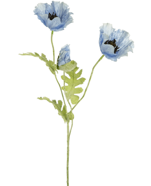 Ilustración en acuarela de Flor de amapola artificial de 73 cm en color azul con dos flores de amapola de color azul y un capullo con tallos y hojas verdes sobre fondo blanco.