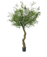 De Kunst olijfboom 270 cm met olijven heeft een gedraaide stam en volle groene bladeren met realistische olijven, prachtig gepresenteerd in pot en afgebeeld tegen een witte achtergrond.