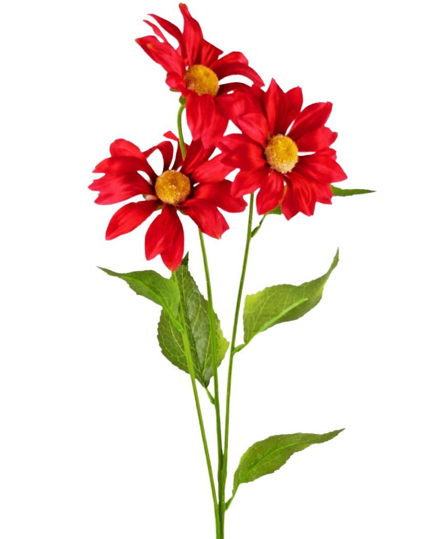 La Margarita Artificial de 78 cm roja tiene tres margaritas artificiales de color rojo vibrante con corazones amarillos y hojas verdes en tallos largos, sobre un fondo blanco liso.