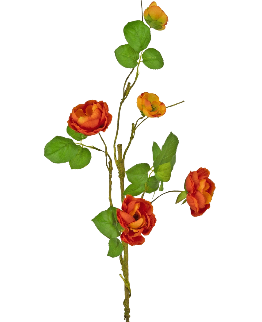 Una única rosa artificial se ramifica de 90 cm con varias rosas artificiales rojas con hojas verdes sobre un fondo blanco liso.