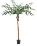De Kunstplant Phoenix Palm De Luxe 180 cm heeft vederlichte groene bladeren en een bruine stam met textuur in een kleine zwarte pot en brengt een tropische sfeer in elke ruimte.