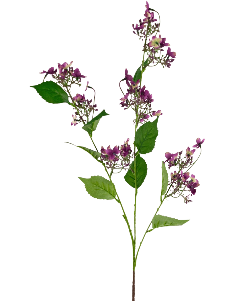 La Flor Artificial Hortensia Salvaje 86 cm violeta tiene un solo tallo con múltiples ramos de pequeñas flores violetas y hojas verdes, aisladas sobre un fondo blanco.