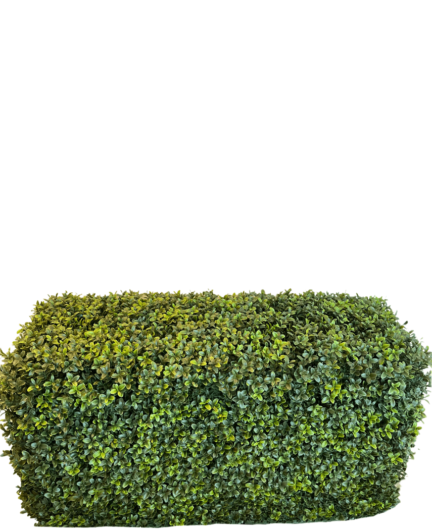 El Seto Artificial Boj Estilo Romano (90 x 35 x 50 cm) es un seto verde denso, rectangular, con hojas pequeñas, aislado sobre un fondo blanco.