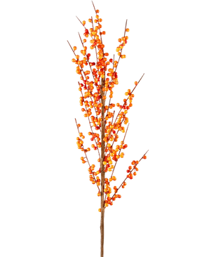 De Kunsttak Ilex 100 cm oranje heeft een enkele hoge tak met veel kleine oranje bessen aan slanke bruine stelen, tegen een effen witte achtergrond.