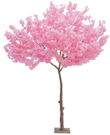 El Árbol Artificial Flor de Cerezo Rosa 270 cm es un árbol de Navidad artificial alto con un tronco esbelto de color marrón y densos racimos de flores de color rosa vibrante sobre un fondo blanco liso.