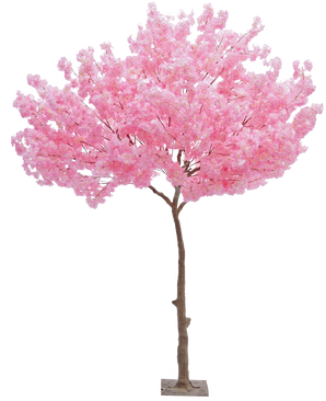 El Árbol Artificial Flor de Cerezo Rosa 270 cm es un árbol de Navidad artificial alto con un tronco esbelto de color marrón y densos racimos de flores de color rosa vibrante sobre un fondo blanco liso.