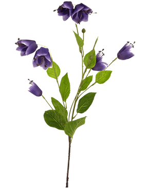 La flor artificial Fritillary 81 cm violeta tiene un solo tallo con múltiples hojas verdes y flores violetas en forma de campana, representadas sobre un fondo blanco.