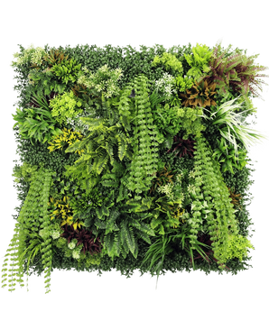 De Kunsthaag Lush Deco Deluxe 100x100 cm UV is een vierkante verticale tuin met dicht, meerkleurig groen gebladerte en varens, gerangschikt in een levendig, natuurlijk patroon tegen een witte achtergrond.