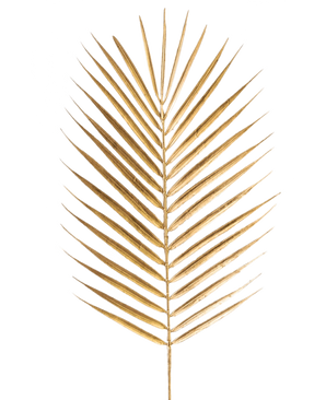 El helecho artificial en rama de 64 cm dorado tiene una única hoja de palma dorada con hojas largas y delgadas sobre un fondo liso blanco.