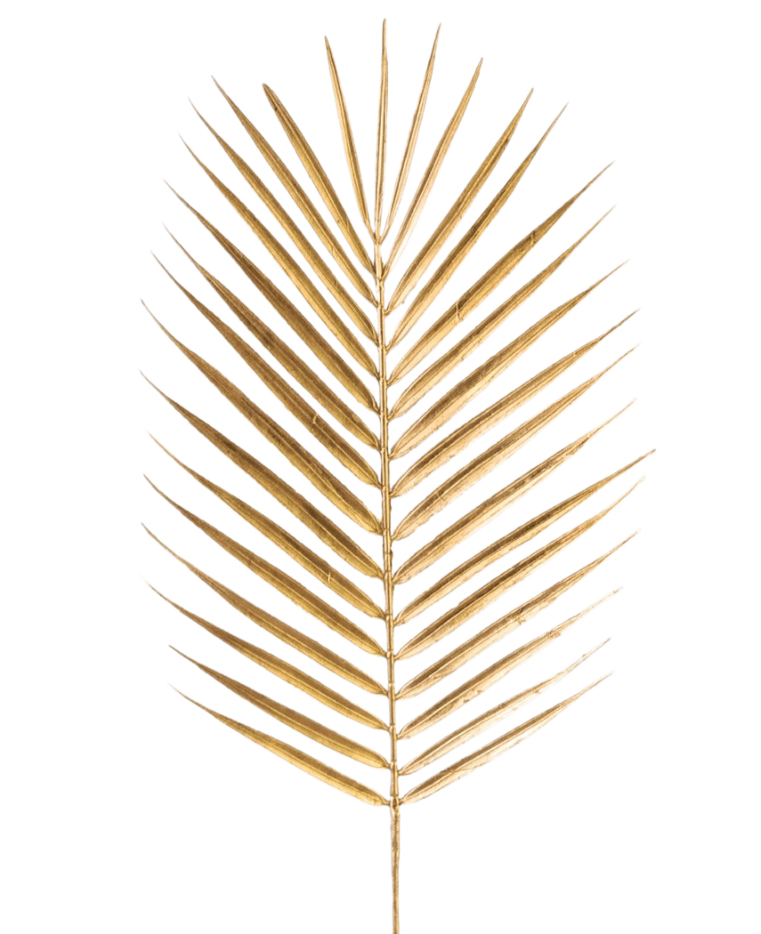 El helecho artificial en rama de 64 cm dorado tiene una única hoja de palma dorada con hojas largas y delgadas sobre un fondo liso blanco.