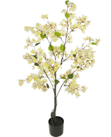De Kunstplant Bougainvillea 120 cm wit is een kunstboom in pot met slanke takken, groene bladeren en overvloedige lichtgele en witte bloemen tegen een effen witte achtergrond.