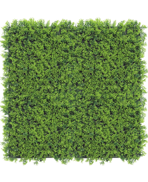 Kunsthaag Cupressus 50x50 cm UV: Een dicht, levendig groen kunsthaagpaneel van bovenaf gezien tegen een witte achtergrond, ideaal voor het creëren van realistische plantenmuren.