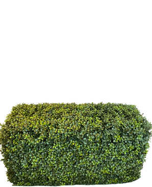 El Seto Artificial Boj Estilo Romano (90 x 35 x 50 cm) es un seto verde denso, rectangular, con hojas pequeñas, aislado sobre un fondo blanco.