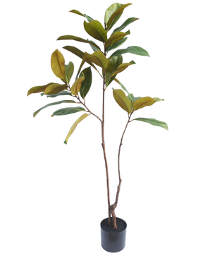 El árbol artificial Yulania de 120 cm tiene esbeltos tallos marrones y hojas anchas de color amarillo verdoso, que parecen realistas y realzan cualquier habitación sobre un fondo blanco liso.