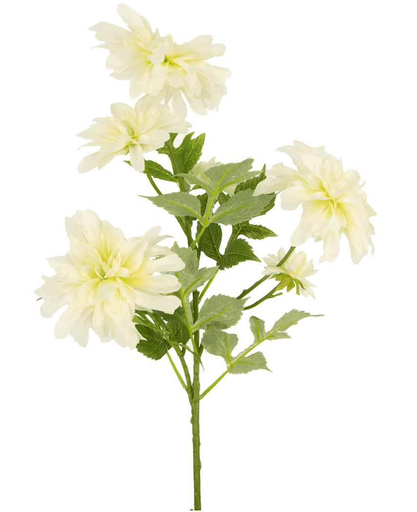 Una dalia artificial de 60 cm de altura con varias flores de dalia de color amarillo claro y hojas verdes sobre un fondo blanco liso.