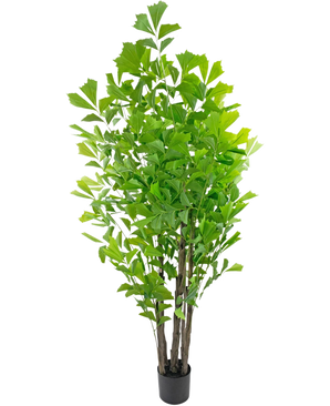 La Palmera Cola de Pez Artificial 210 cm es una planta artificial alta en maceta con múltiples tallos marrones y exuberantes hojas verdes, presentada en una pequeña maceta negra sobre un fondo blanco.