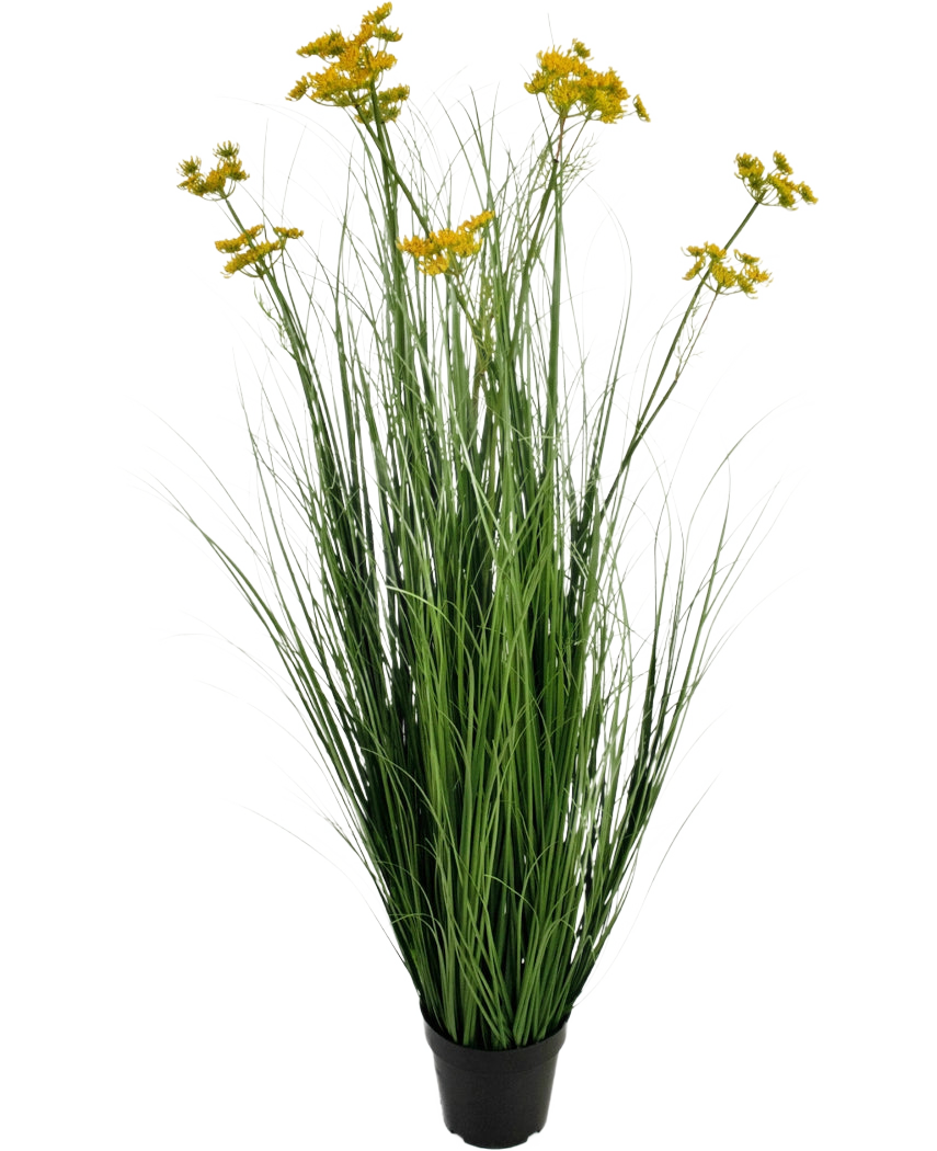 La maceta de hierba artificial con raíz de hierba y cebolla de 120 cm es una planta artificial ignífuga en una maceta con largas hojas verdes parecidas a la hierba y racimos de pequeñas flores amarillas, aisladas sobre un fondo blanco.