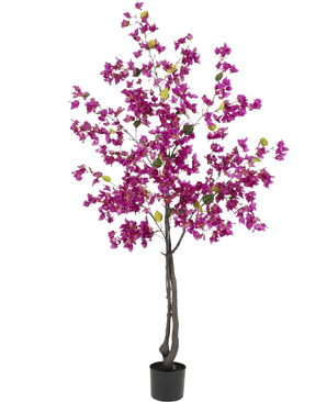 La buganvilla artificial de 180 cm color morado tiene ramas oscuras, flores de color violeta vibrante y hojas verdes en una maceta negra: perfecta como planta artificial colorida para su salón.