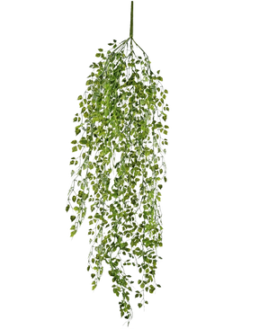De Kunst hangplant mini klimop 91 cm heeft weelderige kunstmatige groene ranken met kleine blaadjes, die elegant naar beneden vallen tegen een witte achtergrond.