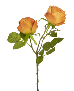 La Rosa Artificial Deluxe de 55 cm melocotón tiene dos rosas artificiales de color melocotón en un tallo con hojas verdes, ideales para decoración floral o como elegantes flores artificiales de seda.