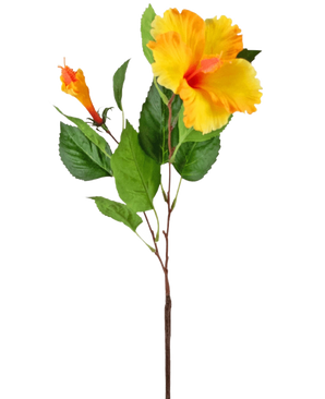 La flor artificial Hibiscus 64 cm amarilla tiene un solo tallo con flores de hibisco de color amarillo intenso y hojas verdes, representadas sobre un fondo blanco.