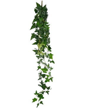 La planta colgante artificial Ivy Boston 120 cm verde tiene una larga hebra de hiedra artificial verde con hojas densas y puntiagudas que caen sobre un fondo blanco liso.