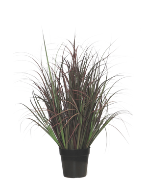 La planta de césped artificial silvestre de 70 cm, ignífuga, tiene hojas estrechas de color verde oscuro y rojo violeta en una maceta negra, perfecta como planta sin mantenimiento para cualquier interior.