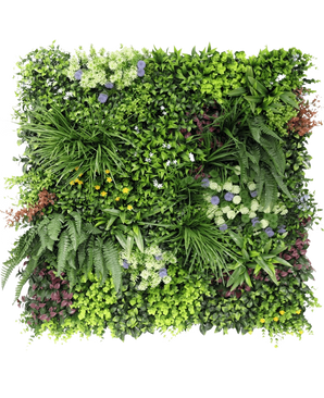 De Kunsthaag Vibrant 100x100 cm UV is een dichte, vierkante verticale tuin met weelderig groen gebladerte, varens en kleine bloeiende planten tegen een witte achtergrond.