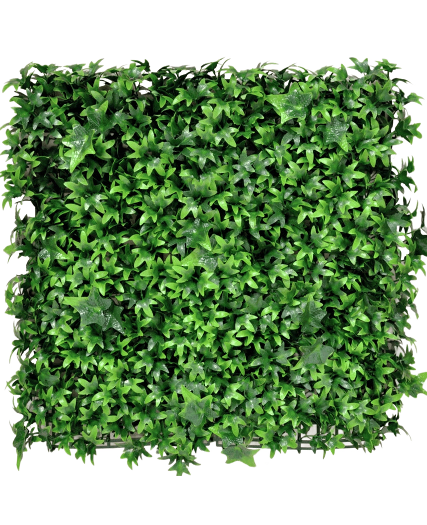 El seto artificial Ivy 50x50 cm UV es un panel cuadrado densamente cubierto con hojas de hiedra artificiales de un verde vibrante, que proporcionan un aspecto exuberante y natural sobre cualquier fondo liso.