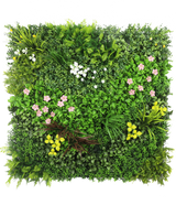 El seto artificial Vitality 100x100 cm UV es un panel cuadrado con un denso follaje artificial verde y ramos dispersos de pequeñas flores rosas, amarillas y blancas sobre un fondo blanco.