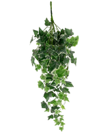 La hiedra artificial de 70 cm verde/blanco tiene hojas de hiedra artificiales en verde con bordes blancos, dispuestas en forma de cascada y expuestas sobre un fondo blanco liso.