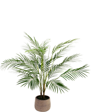 De Kunstpalm Chamaedorea 83 cm heeft lange, slanke groene bladeren en meerdere stelen in een lichtbruine pot met textuur, tegen een effen witte achtergrond.
