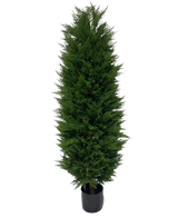 La planta artificial Conífera UV 180 cm es un árbol artificial de hoja perenne, alto y estrecho, con hojas densas de color verde oscuro, representadas sobre un fondo blanco.