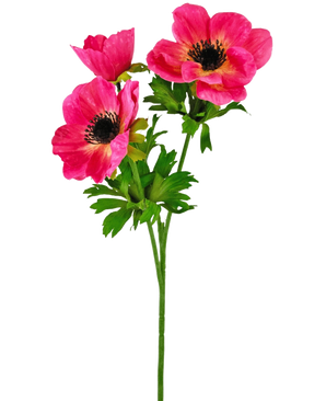 La Flor de Anémona Artificial ramificada de 56 cm rosa tiene un único tallo verde con tres flores de anémona de color rosa brillante con un corazón oscuro y pétalos delicados y rugosos, además de hojas verdes, sobre un fondo blanco liso.