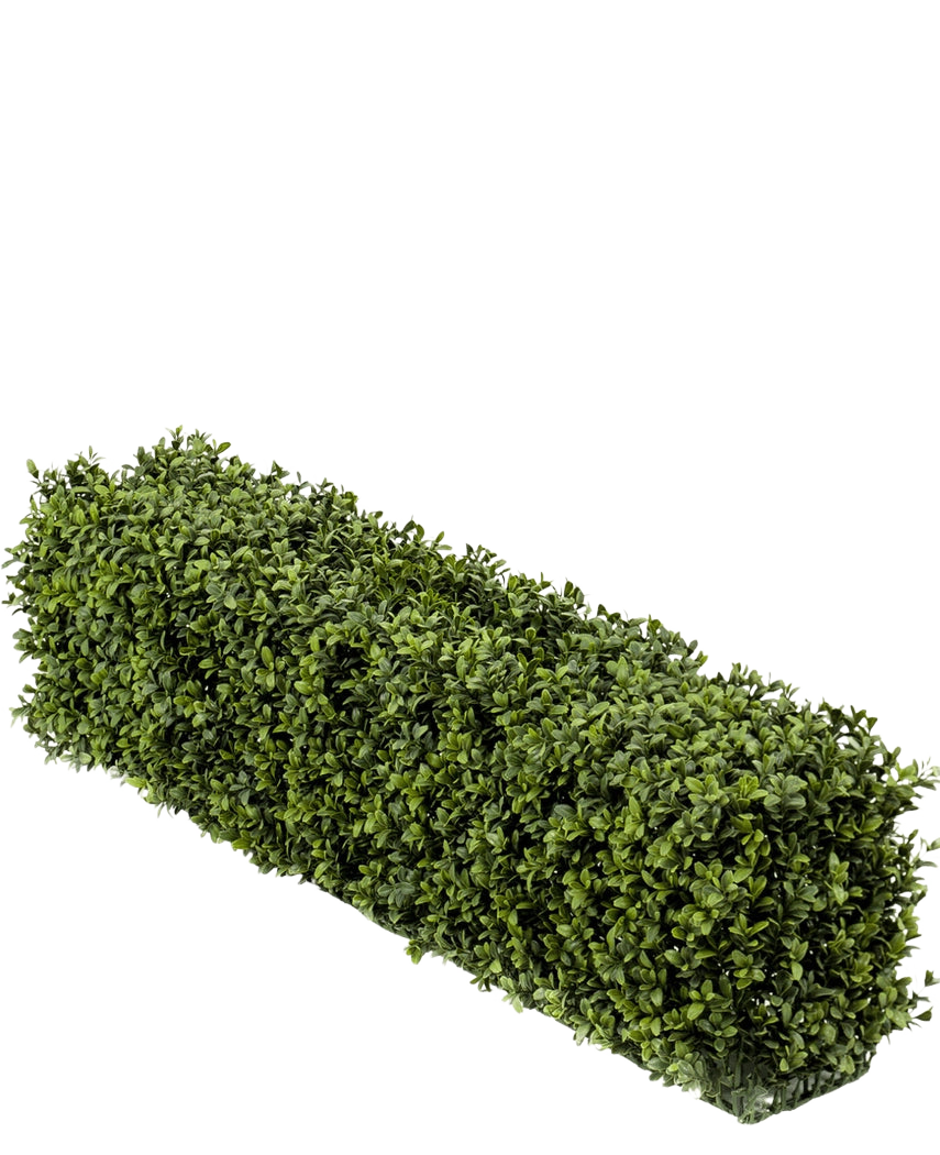 Un seto rectangular de boj artificial UV de 100x20x25 cm tiene densas hojas de boj artificial de color verde sobre un fondo blanco liso.